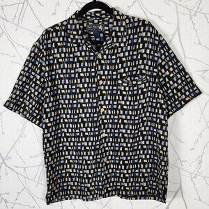 Nat Nast Black Abstract Geometric Print 100% Silk Camp Shirt